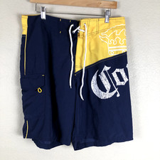 Corona Extra Board Shorts Men 34x9 Blue Yellow Spellout Logo Pockets Swim Vacay