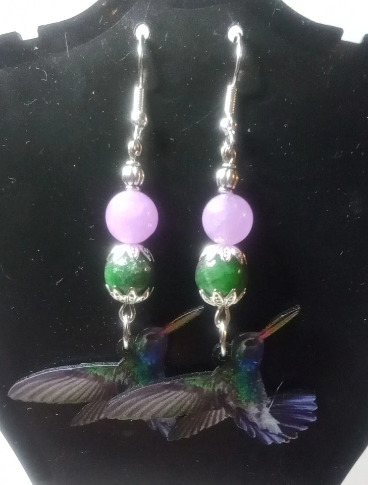 Pendientes Colibrí Jade Persa y Amatista Lavanda Foto 2 de 2