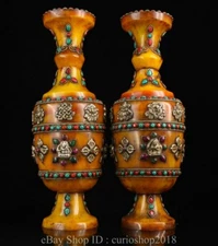 13 " Old Tibet Buddhism Beeswax Inlay Turquoise Gem Eight treasures Vase Pair