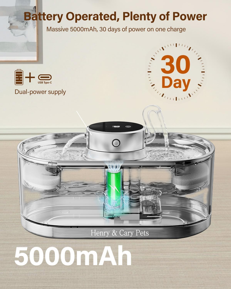 Cat Water Fountain Wireless Battery Operated Rechargeable Pet Water