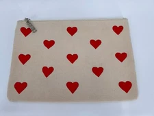 Edie Parker Heart Zip Pouch Vermillion Hearts Front Neutral on Back 11.5Wx8Hx1D