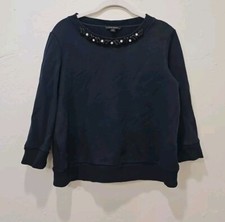 Banana Republic Womens Sweatshirt Beaded 3/4 Sleeve Crewneck Sz M Navy
