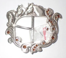 BEAUTIFUL SWIVEL STYLE HORSE BELT BUCKLE WITH AMBER CRYSTALS NEW! + XTRA CRYSTAL