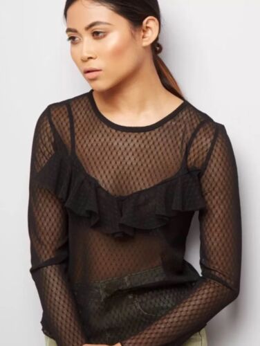 New Look - Petite Black Spot Mesh Frill Trim Top - Size 8 - BNWT - Picture 1 of 4
