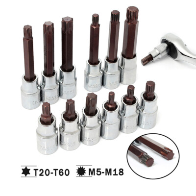 Torx Bit Socket 1/2'' Drive Star Screwdriver Bits T20 to T60 or 12-Pin M5-M18