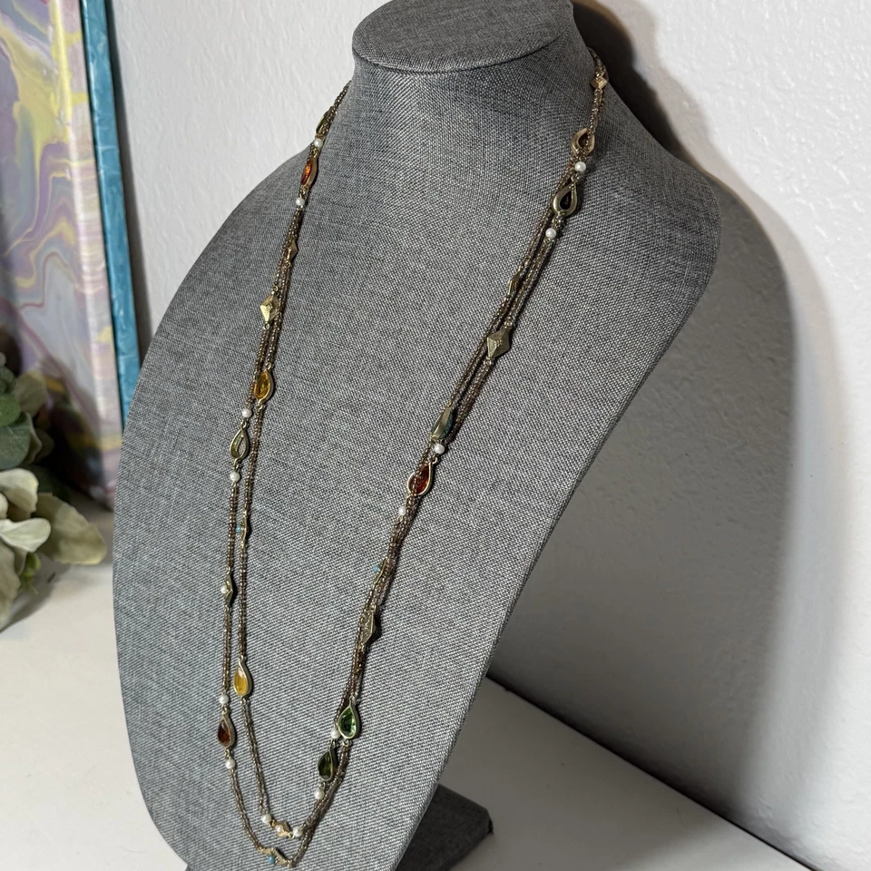 Ralph Lauren Necklace Double Strand Glass Bead Gemstone Pearl Drop 36 Inch Long - Image 2 of 4