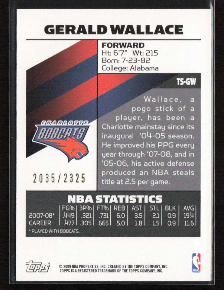 Gerald Wallace 2008-09 Topps Signature #TS-GW /2325 Charlotte Bobcats - Image 2 of 2