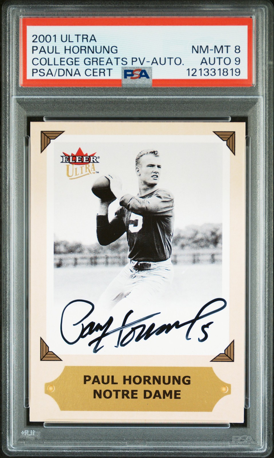 PAUL HORNUNG 2001 ULTRA COLLEGE GREATS PREV AUTO PSA 8 AUTO 9 