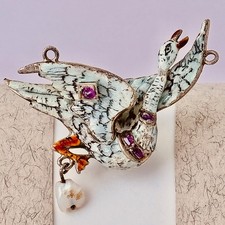 Antique Victorian Austro Hungarian Silver Swan Bird Ruby Enamel Pendant