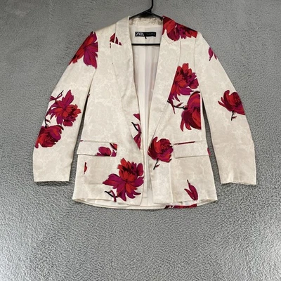 Zara Floral Print Satin Effect Blazer Womens Large Cream Pink Open Front Jacket - Image 1 of 4