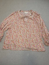 CYNTHIA ROWLEY Womens Blouse Boho Peasant Split Neck Orange floral Large