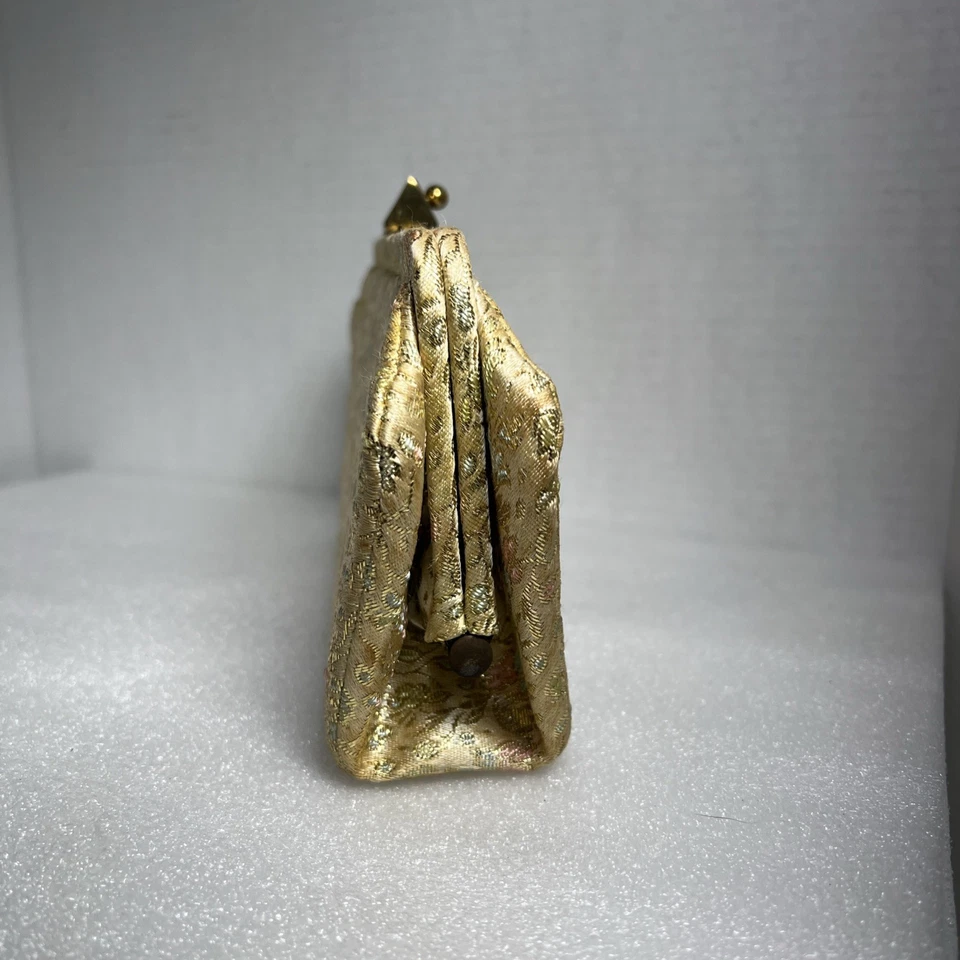 Vintage 1950s 60s Evening Purse Clutch Gold Metallic Brocade Floral MCM Pastel - Image 2 of 4