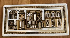 Mid-Century Georges Briard GOLD ROW HOUSES Enamel Metal Tile Trivet / Coasters