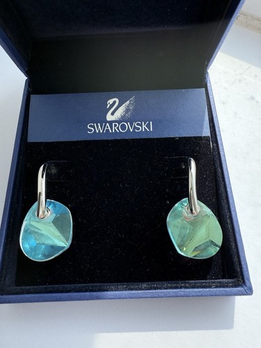 Swarovski Crystal Galet Earrings Authentic Retired Aurora Borealis Blue - Picture 3 of 5