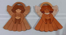 Pair Of 2 Handcrafted Wooden Angel Plaques Wall Art Hanging Decor