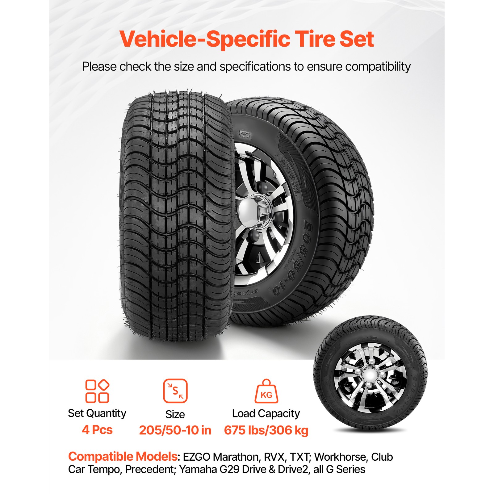 Uimoso Golf Cart Wheels & Tires Set of 4 10" 205/50-10 Compatible with Club Car