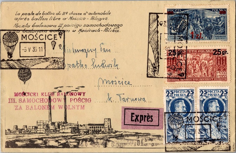 1935 Moscice Poland Rare Ballon Flight Airmail Local Cover To Borzecin