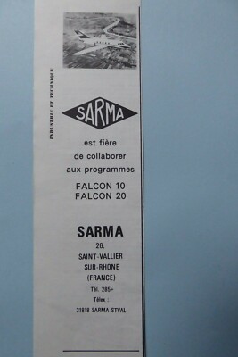 9/72 PUB SARMA SAINT VALLIER SUR RHONE DASSAULT FALCON 20 10 ORIGINAL FRENCH AD