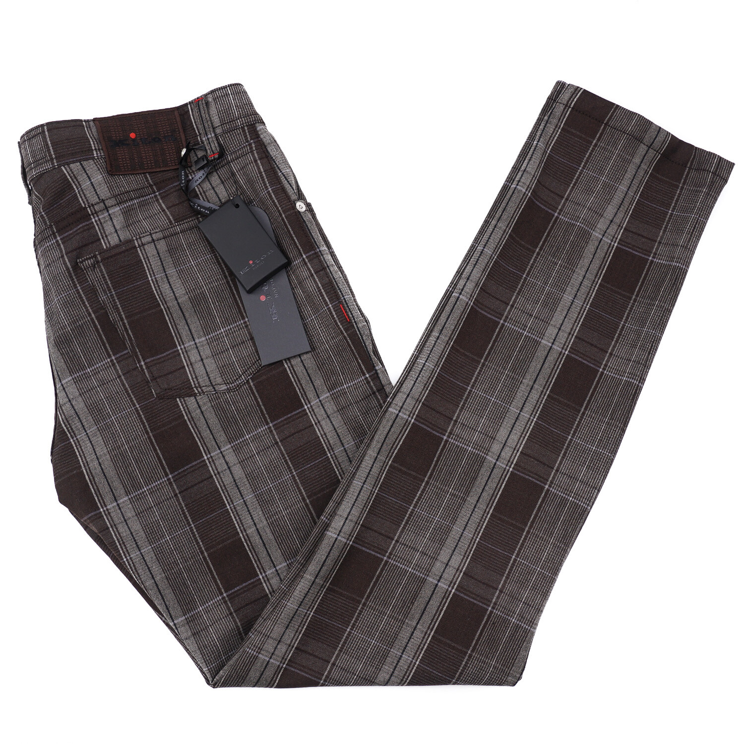 Kiton Brown and Gray Check Natural Stretch Wool 5-Pocket Pants 38 Jeans