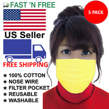 Lot of 5 Pack S/M Yellow Face Mask Filter Pocket Nose Wire Reusable Cotton Cloth