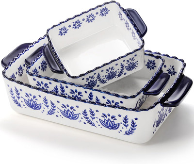 3 Pack Porcelain Bakeware Set, Rectangular Baking Dishes, Lasagna Pan for Cookin
