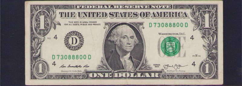 Fancy US Federal Reserve $1 Dollar Bill Serial Number D 73088800 D Cool 2013