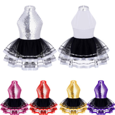 Kids Girls Sequins Mesh Tutu Ballet Jazz Dance Dress Leotard Performance Costume