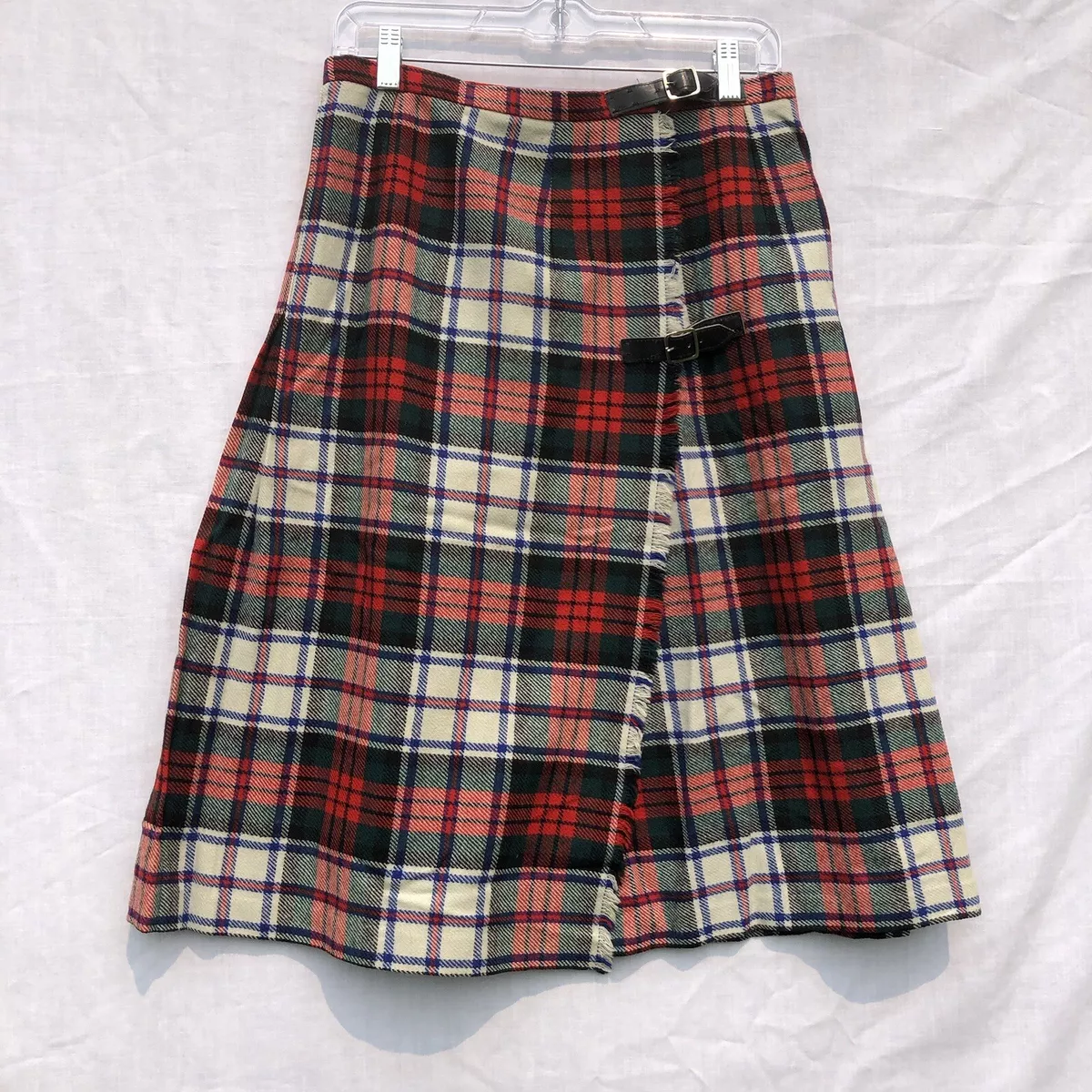 Brendella Tartan Plaid Kilt Wrap Skirt 100 Wool Ireland White Red Blue Black