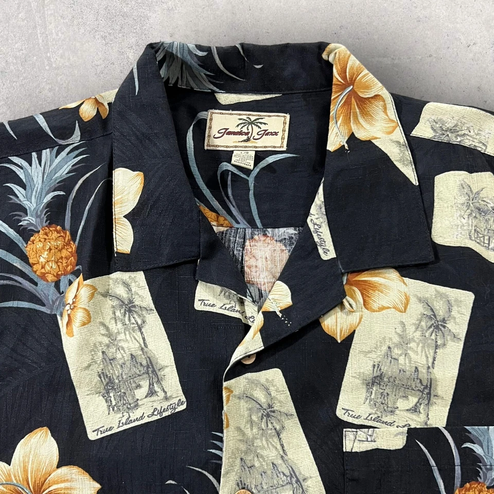 Camisa Jamaica Jaxx Para Hombres Grande Negra Relax Seda Floral Piña Isla Estilo de Vida Foto 3 de 4