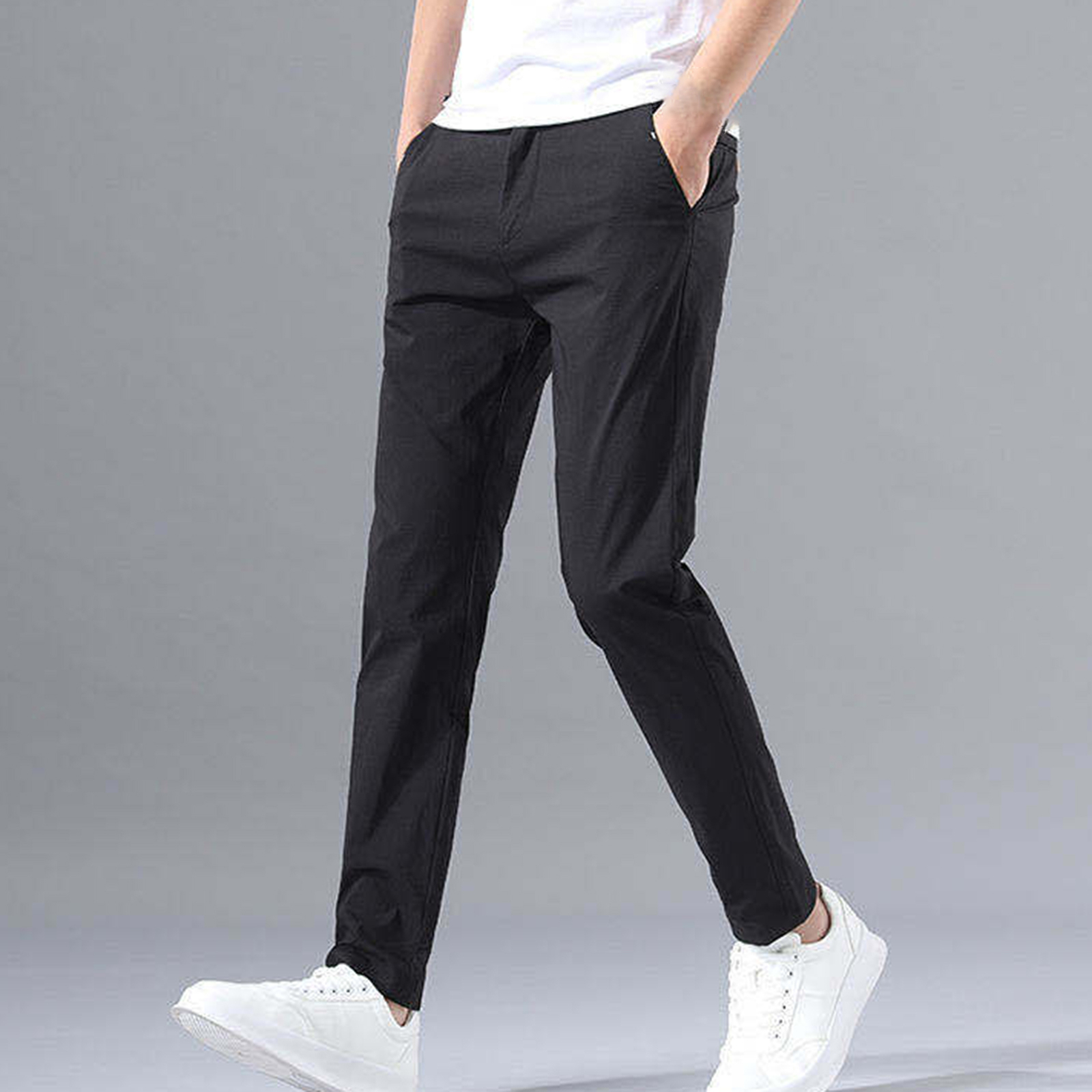Men Pants Elastic Waist Zipper Fly Mid Waist Straight Pants Bottoms eBay