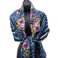 KHADDI Floral Blue Shawl Scarf Cotton 36" x 92" Blue Pink Swirl Design