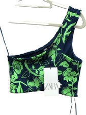 Ladies ZARA Bikini Top Size S 6-8 One Shoulder Navy Green Floral Swimwear New