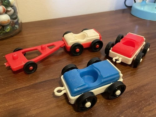 Vintage Fisher Price Little People Red White Blue Tow Car Vehicle Trailer