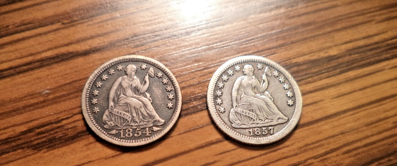 2 HALF DIMES..1854 O 1857 O...H10C TYPE LOT SILVER SEATED NEW ORLEANS
