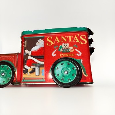 Christmas ''SANTA'S EXPRESS'' ~ Truck Tin ~ Moving Wheels, 2 compartments 4''T, 7''L
