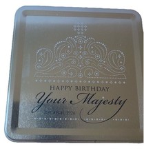 MARKS & SPENCER TIN SQUARE SHAPED SILVER TONE HAPPY BIRTHDAY YOUR MAJESTY CROWN