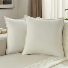 Cream White Chenille Throw Pillow Covers 18x18 Inch Set of 2,Edges Double-Sti...