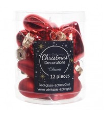 Mini Glass Heart Christmas Baubles Christmas Red Pack Of 12 4.5cm Tree Decor