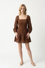 Express Women’s Sz 6 Brown Lined Open Lace Puff Sleeve Mini Dress $105