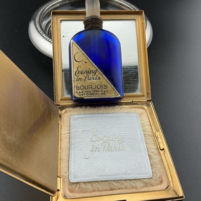Vtg Bourjois GoldTCompact CobaltBlue Bottle ClearGlassStopper  Evening In Paris 
