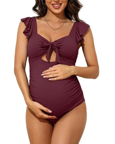 Charmo Women Maternity One Piece Swimsuit Ribbed Tie Knot Pregnancy Swimwear Pad