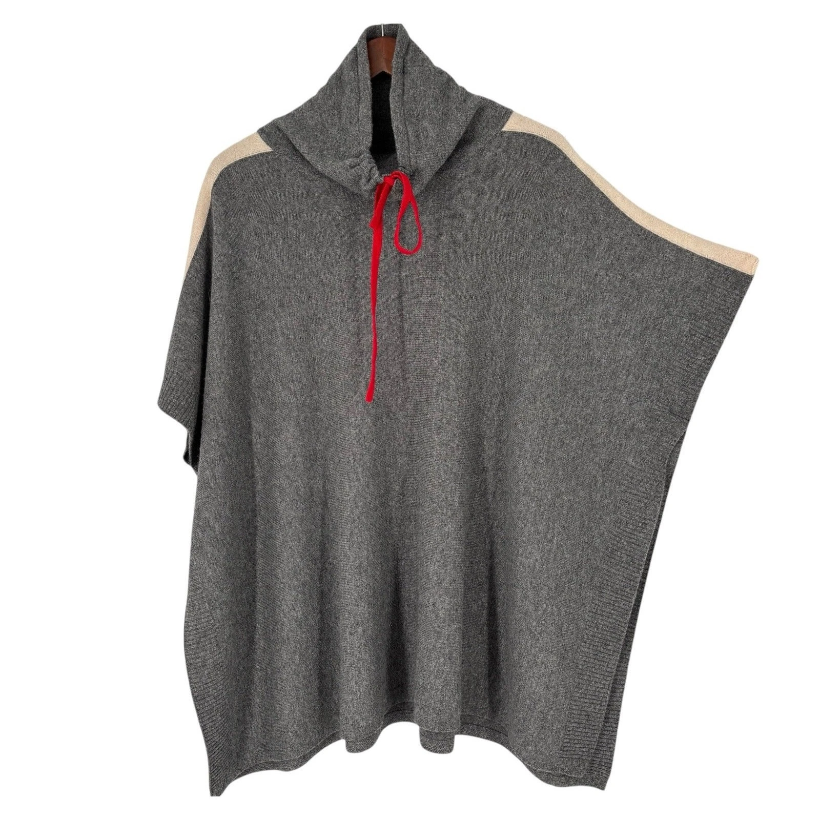 Tahari Gray Cashmere Wool Knit Red White Stripe Mock Neck Cape Poncho Topper