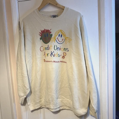 Sudadera Lee De Colección Para Hombres XL Crema Gráfico Cooperativas de Crédito Para Niños Años 90 Hecha en EE. UU. - Imagen 1 de 4
