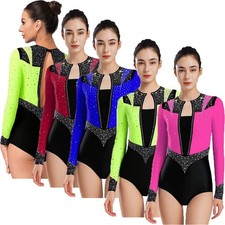 Womens Bodysuit Back Costumes Contrast Color Leotard Long Sleeve Rhinestones