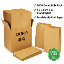 2000 Duro #4 Kraft Paper Bags 5x3.1x9.8 Brown Lunch Grocery Snack Sacks Bulk