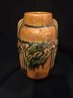 Roseville 6 1/4" Red Orange Black Vase  w. Foil Sticker Minty Laurel 1934