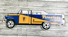 VINTAGE FIRESTONE TIRE SERVICE TRUCK 12x4" PORCELAIN DIE-CUT GASOLINE GAS SIGN