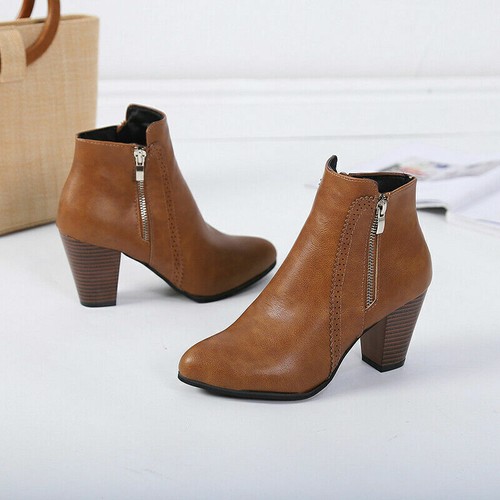 Womens Ladies Mid Block Heel Ankle Boots Point-Toe Office Booties Zip Shoes New - Bild 11 von 14