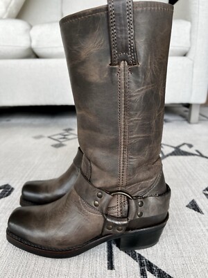 FRYE SQUARE TOE HARNESS BOOT,  Smoke  Gray LEATHER