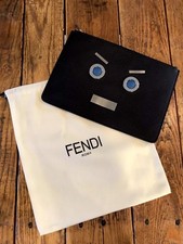 Large 8x11 FENDI Monster Bag Black Pebbled Leather Clutch iPad Zip Pouch Handbag